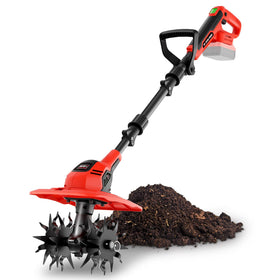 GELIDALITE cordless tiller in action showing 9-inch width for fast soil prep