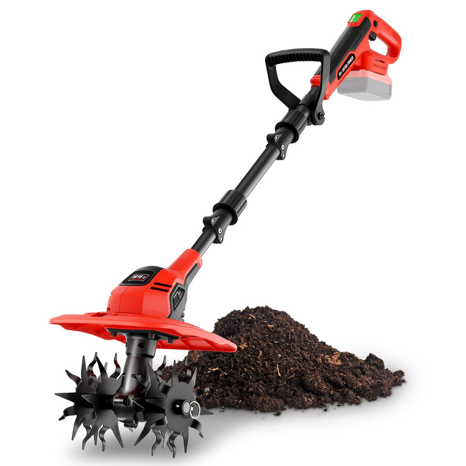 GELIDALITE cordless tiller in action showing 9-inch width for fast soil prep