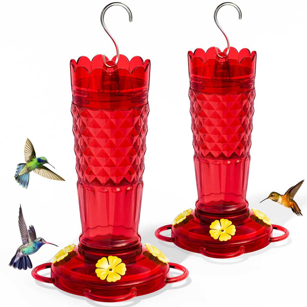 GelinRedcap hummingbird feeder 2-pack with red bases attracts hummingbirds to your garden