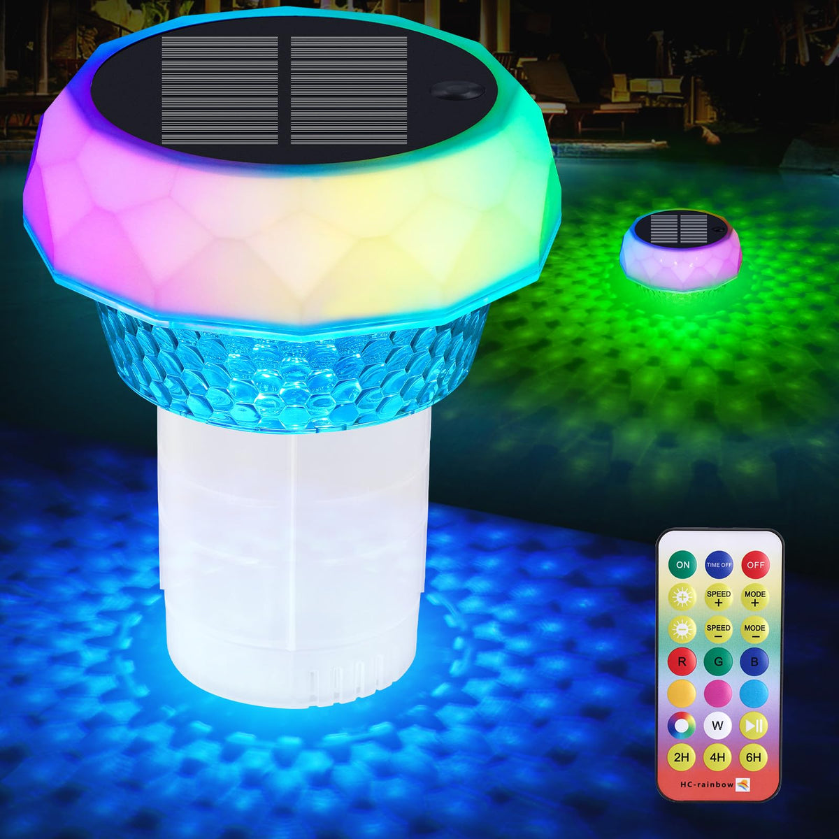 Gemce solar pool chlorine floater floating in a pool with RGB lights for evening ambiance.