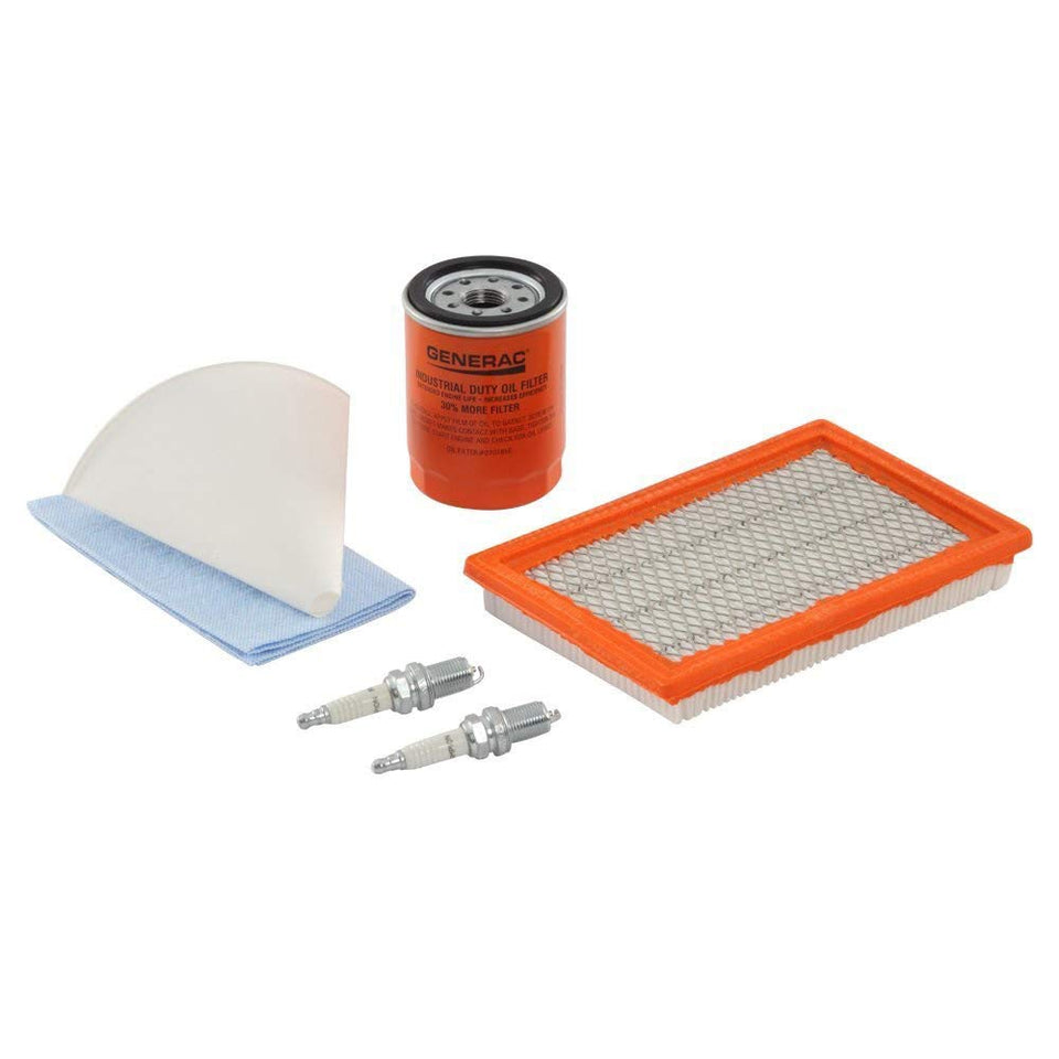 Generac 6484 maintenance kit contents with filters and plugs for easy DIY service.
