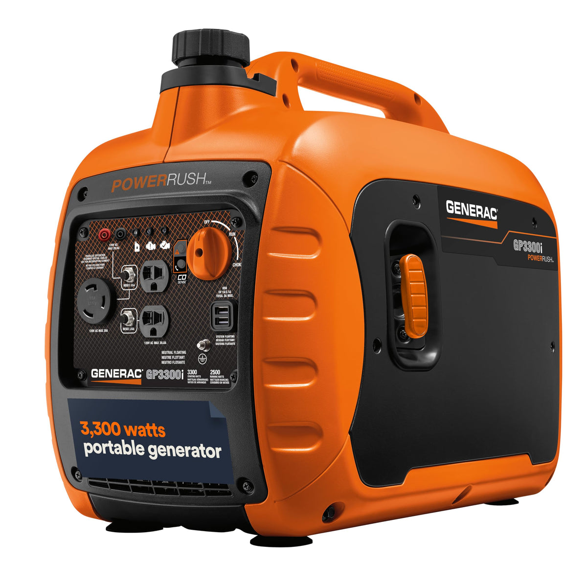 Generac GP3300i front view shows a compact, portable design perfect for camping and RV use.