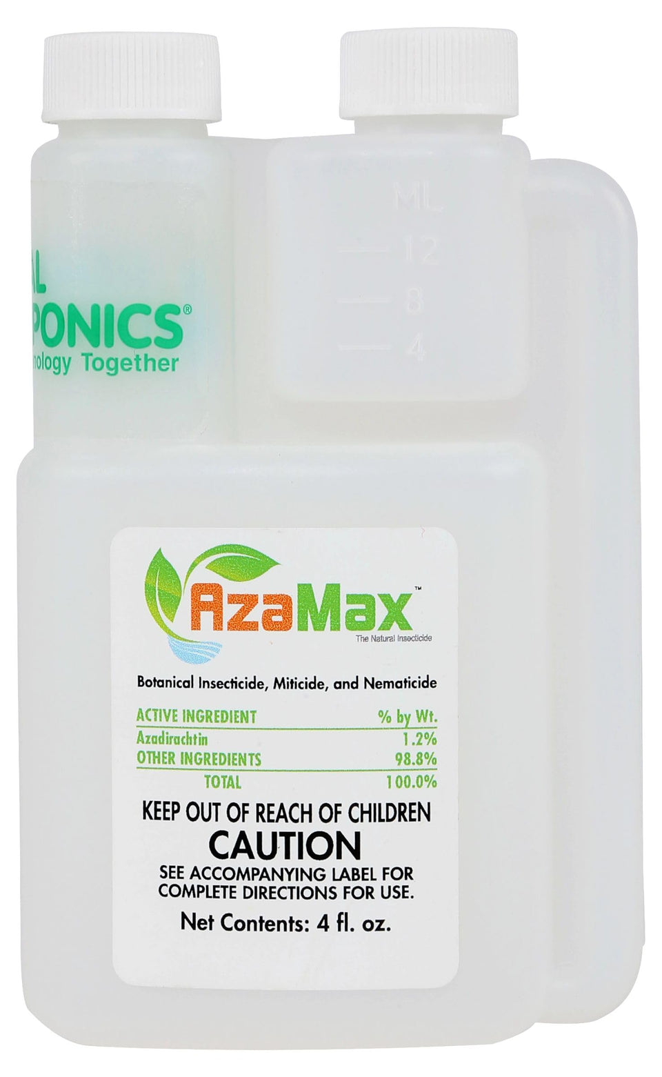 General Hydroponics AzaMax orange bottle supports natural pest control for gardens.