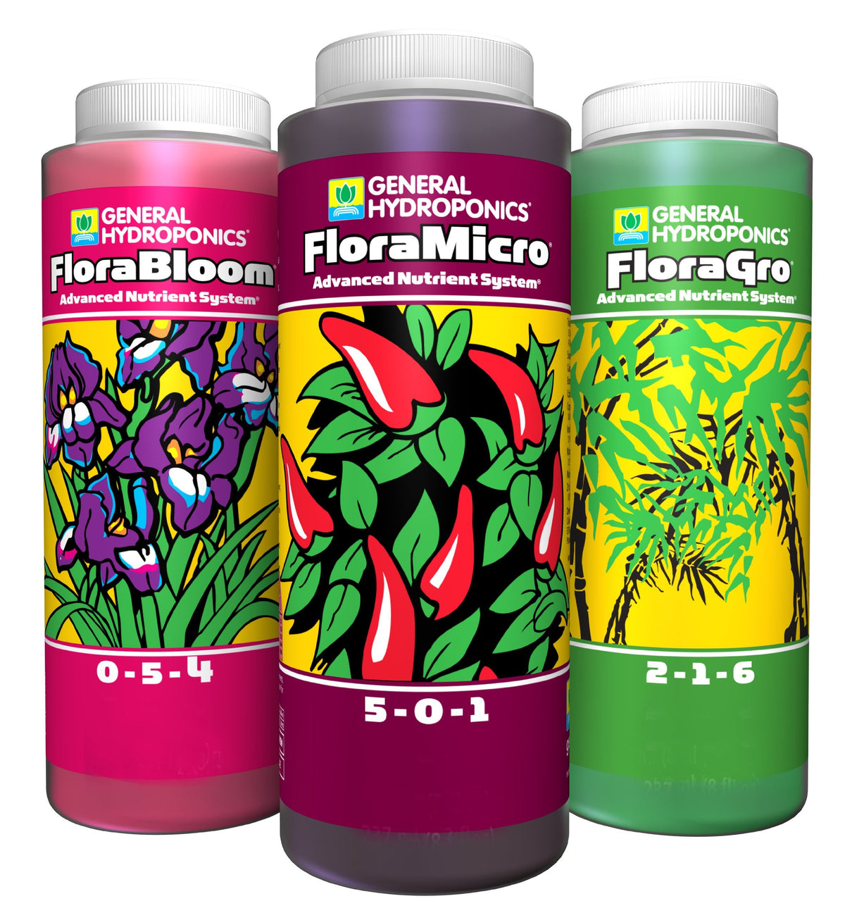 General Hydroponics Flora Series bottle set supports balanced nutrition for thriving hydroponic plants.
