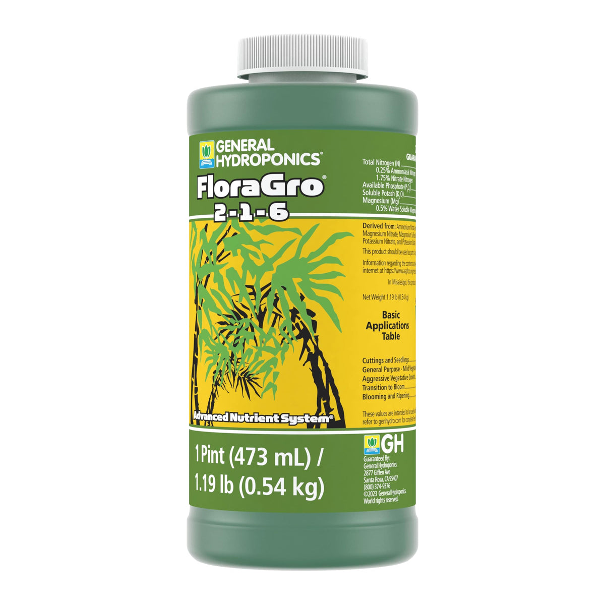 General Hydroponics FloraGro 2-1-6 bottle pictured beside FloraBloom for compatibility.