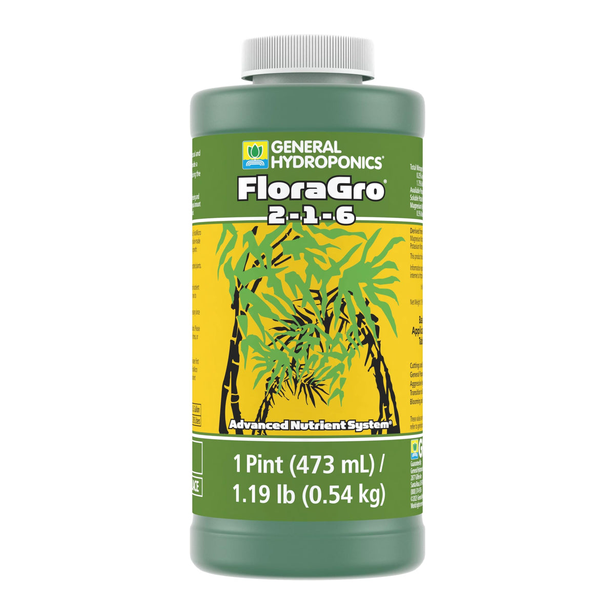 General Hydroponics FloraGro 2-1-6 bottle shown for growth-focused nutrition.