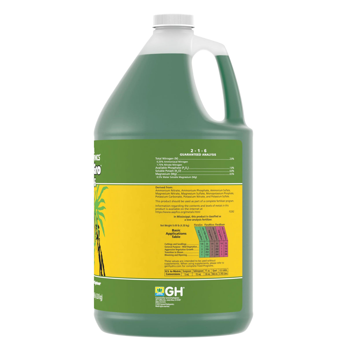 General Hydroponics FloraGro 2-1-6 ingredients label highlights balanced nutrients for foliar development