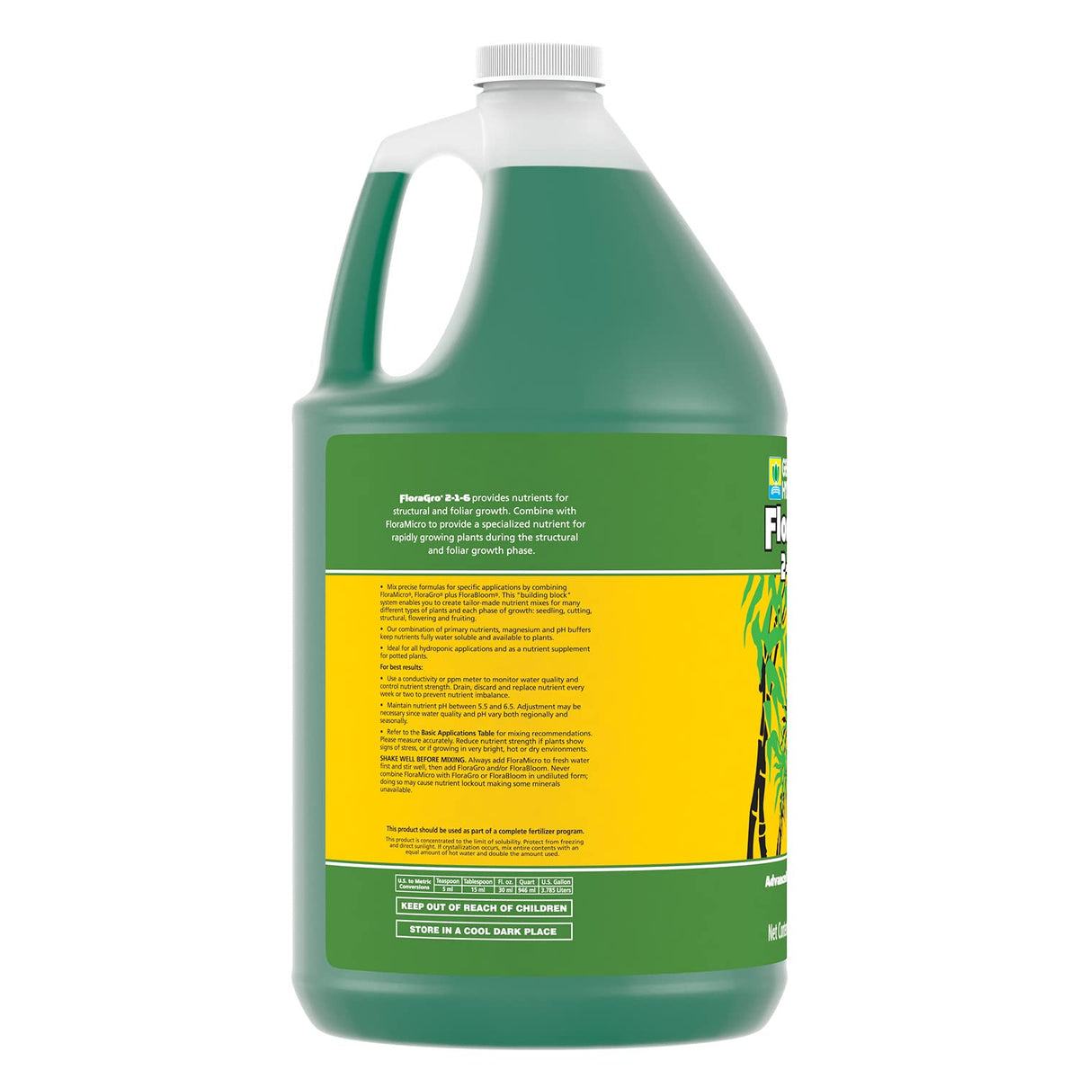 General Hydroponics FloraGro bottle beside a vigorous plant indicates potential for robust vegetative growth.