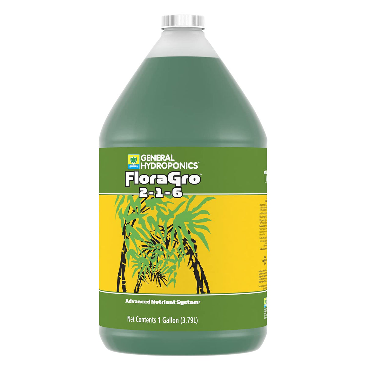General Hydroponics FloraGro container sits with other nutrients to support complete feeding.