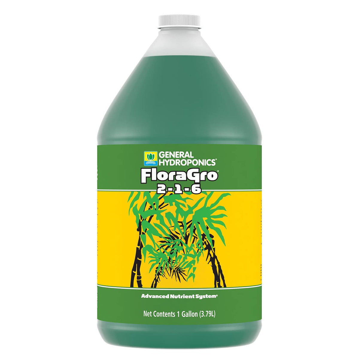 General Hydroponics FloraGro bottle label highlights strong root growth and healthy vegetative development.