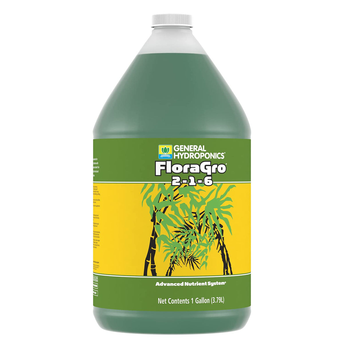 General Hydroponics FloraGro bottle used during vegetative growth supports healthy development.
