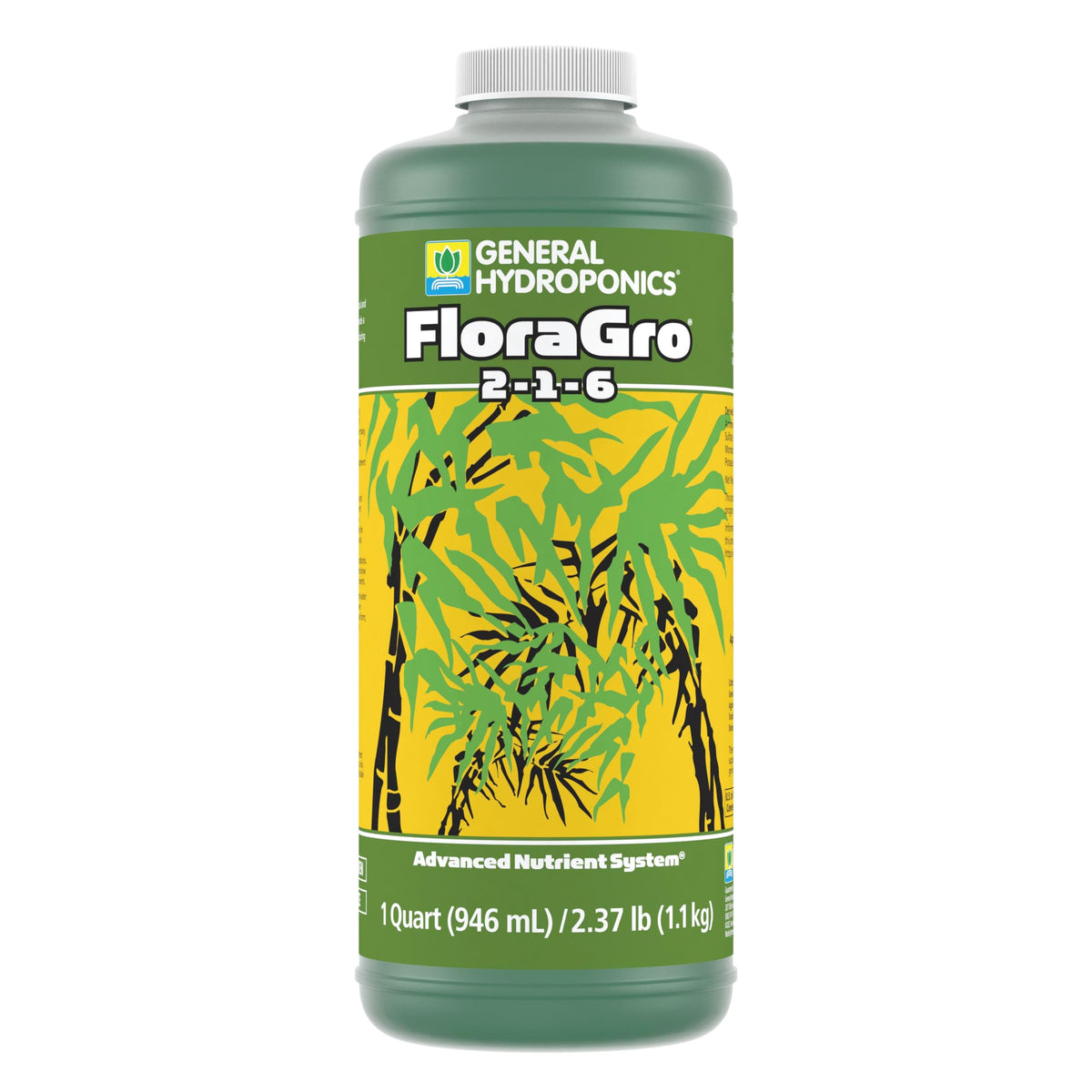General Hydroponics FloraGro bottle supports structural growth and foliar vigor.