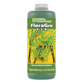 General Hydroponics FloraGro bottle supports structural growth and foliar vigor.