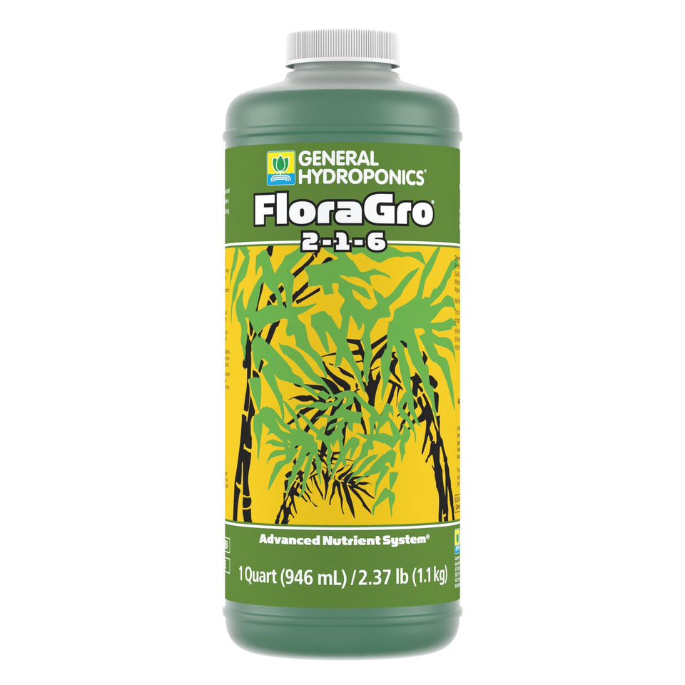 General Hydroponics FloraGro bottle supports structural growth and foliar vigor.