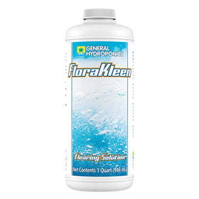 General Hydroponics FloraKleen bottle pour for mineral salt clearing in hydroponics.