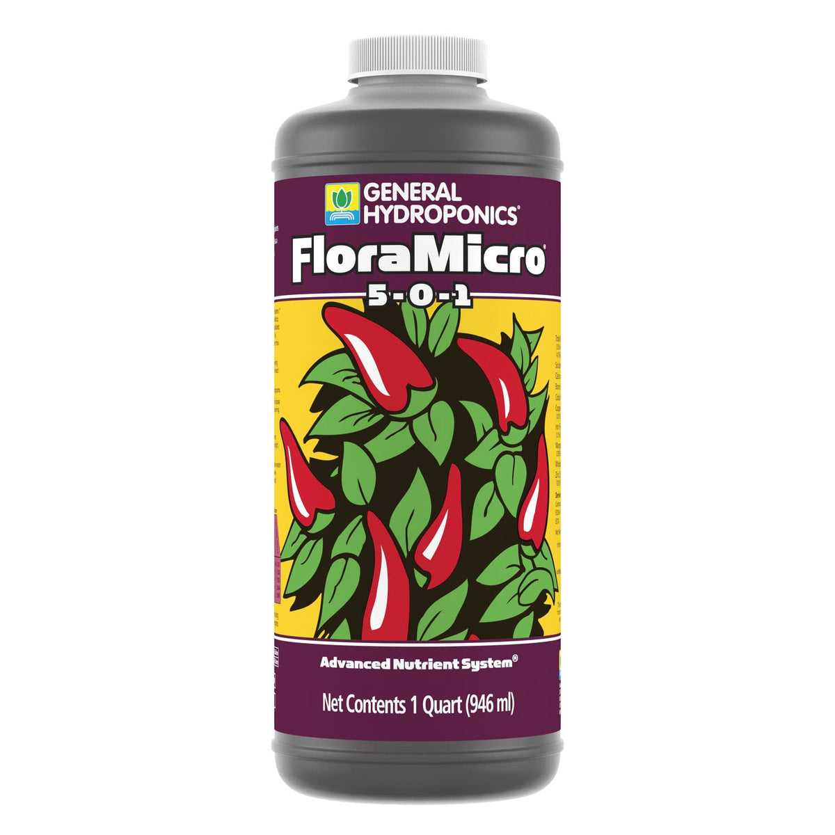 General Hydroponics FloraMicro nutrient bottle label; supports balanced nutrition for thriving hydroponic plants.
