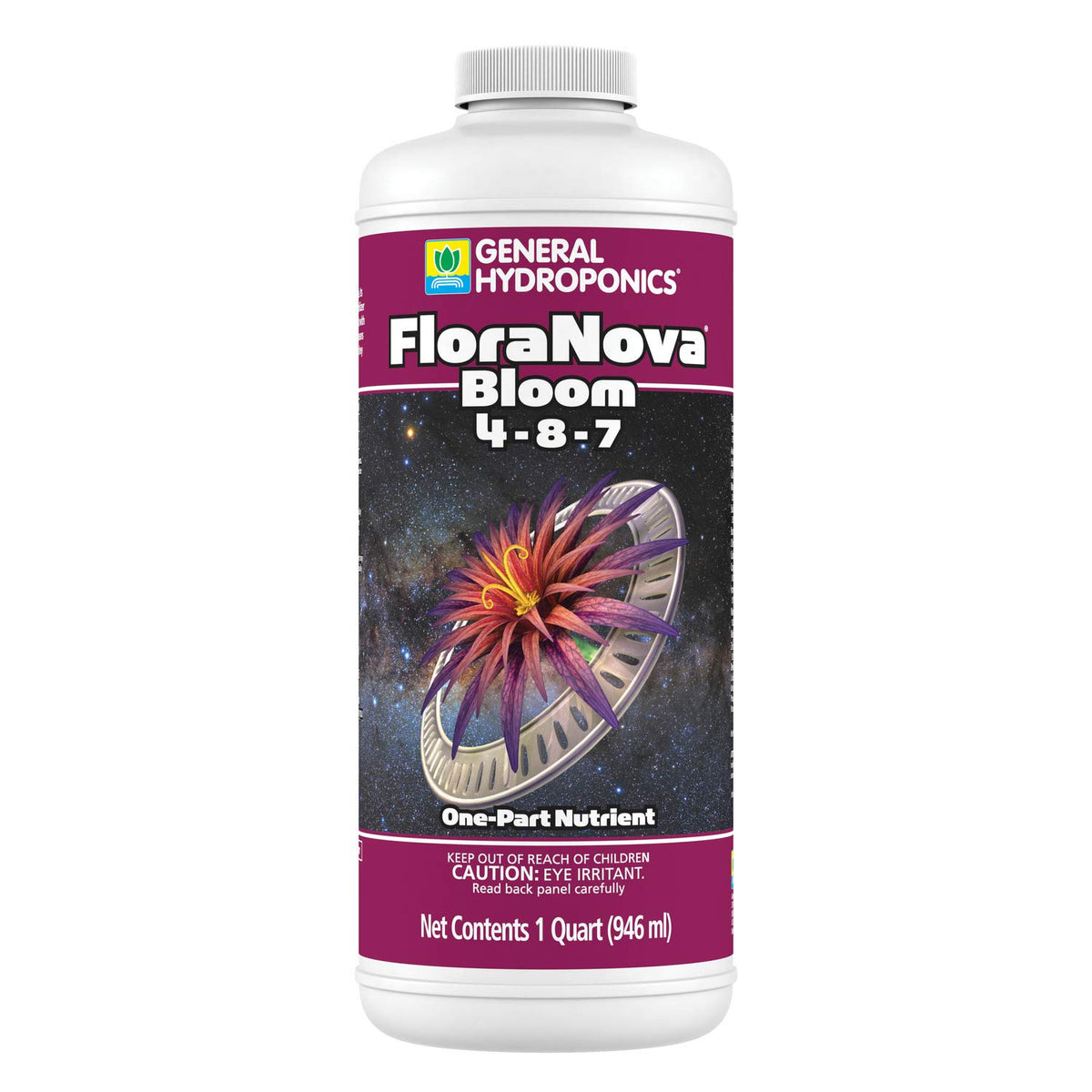 General Hydroponics FloraNova Bloom bottle supports flowering nutrients.