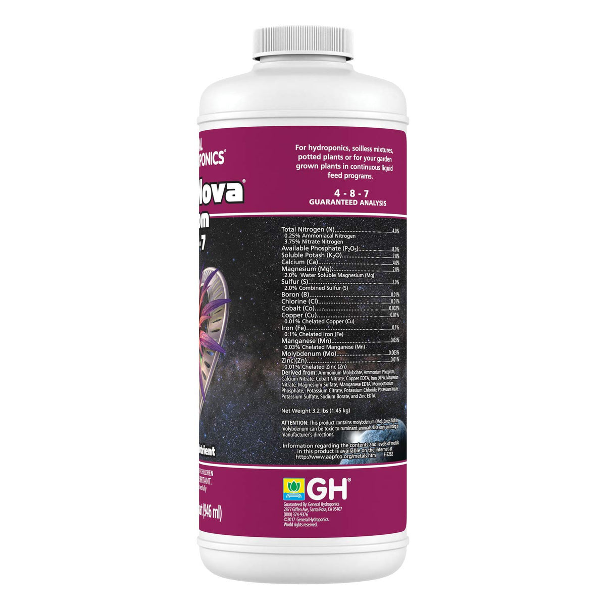 FloraNova Bloom bottle in a grow tent for all plant types.