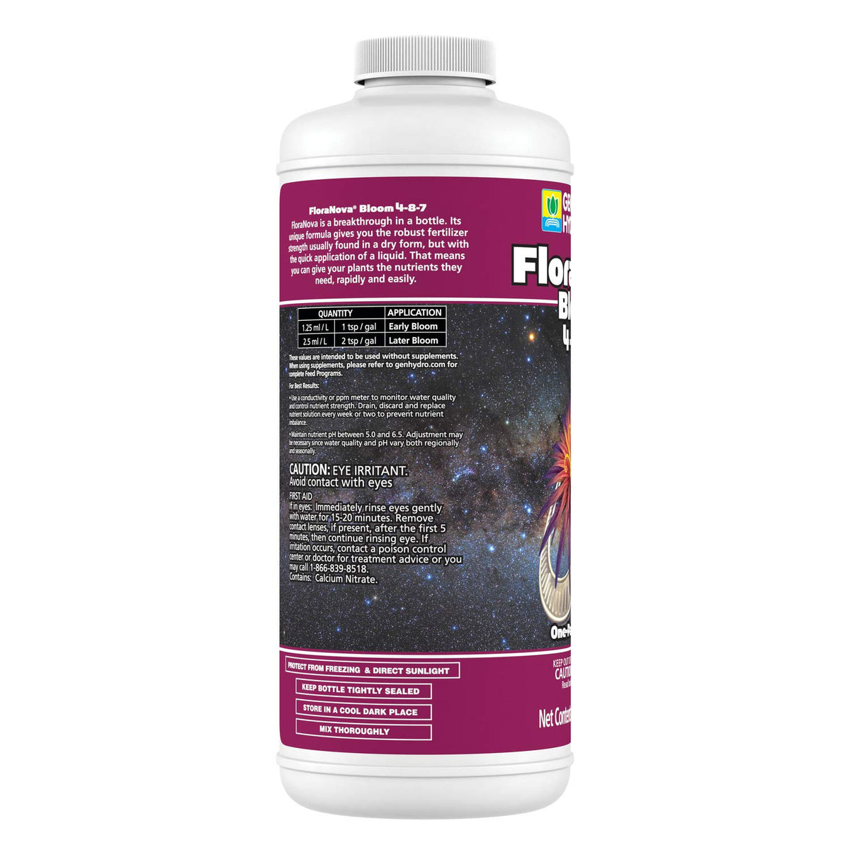 Close-up of FloraNova Bloom label showing pH-stable formula.