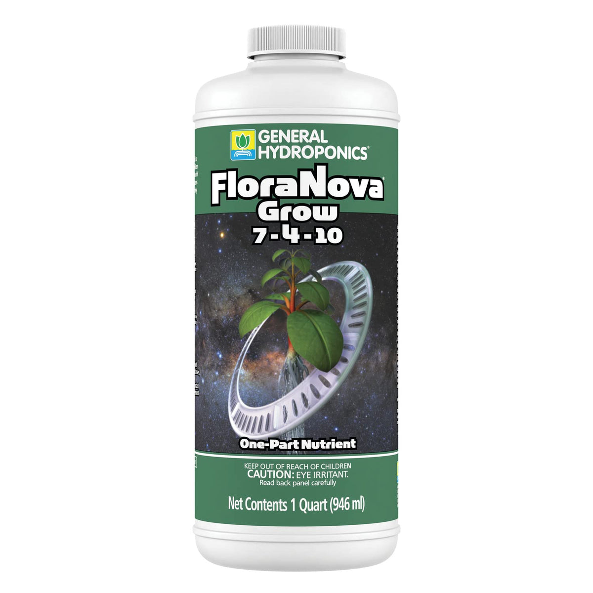 General Hydroponics FloraNova Grow bottle shows ready-to-use nutrients for strong growth