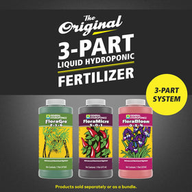 General Hydroponics FloraSeries gro bottle pour highlights structural growth benefits.