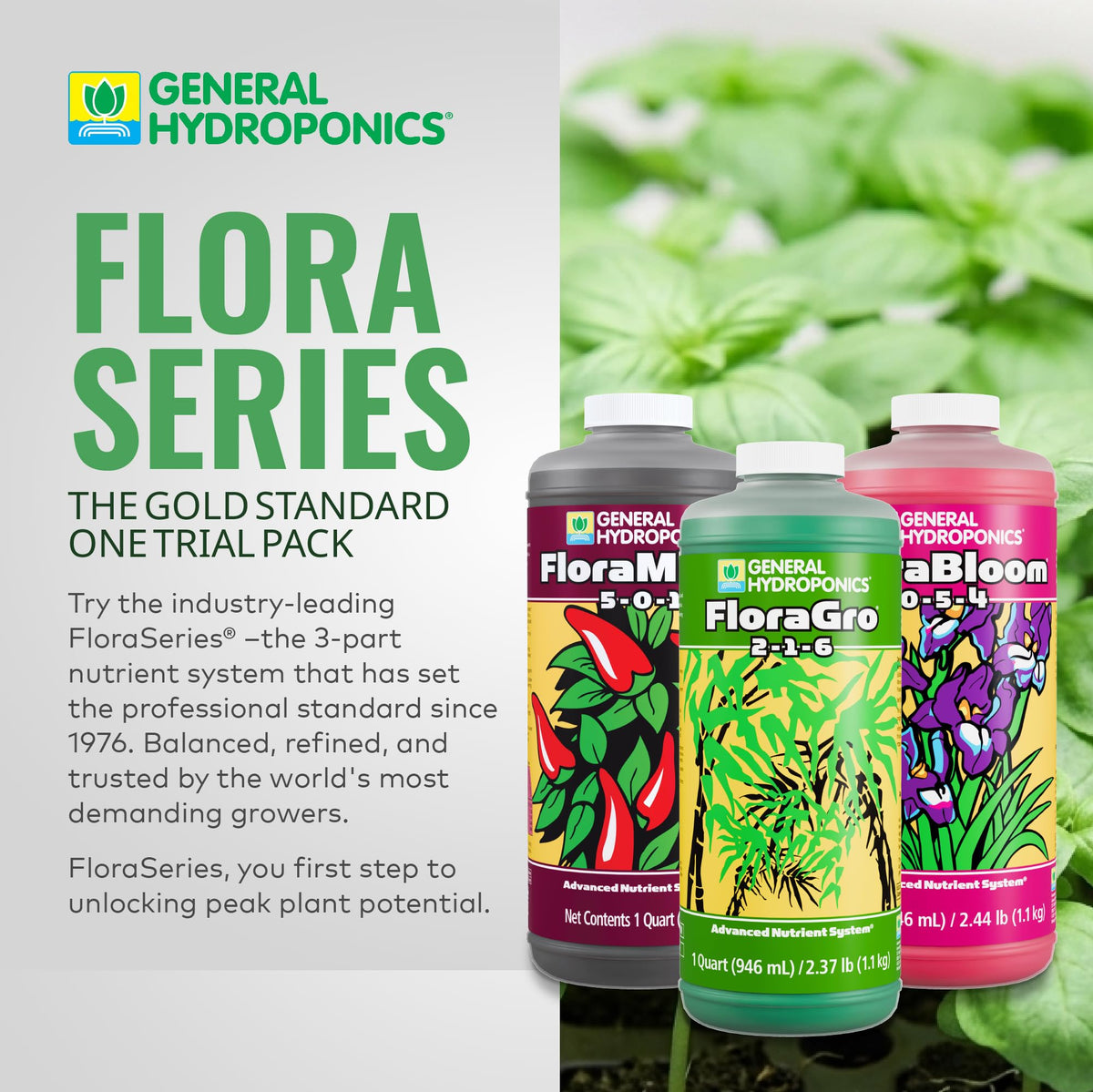 General Hydroponics FloraMicro close-up pouring into water for quick mixing