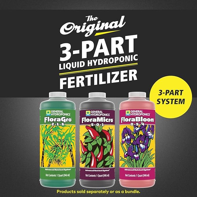 General Hydroponics FloraGro bottle supports structural and foliar growth in vegetative stages.