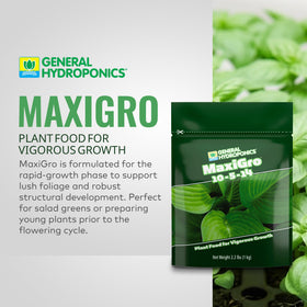 General Hydroponics MaxiGro label closeup highlighting nutrient formula.