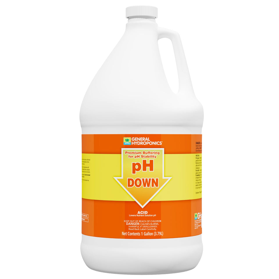 General Hydroponics pH Down bottle shown for lowering pH in nutrient solution