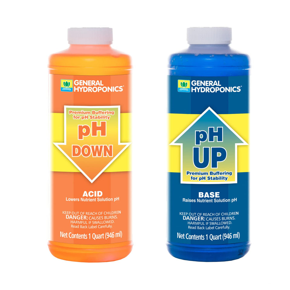 General Hydroponics pH Up and pH Down bottles stabilize nutrient pH for healthy hydroponic growth