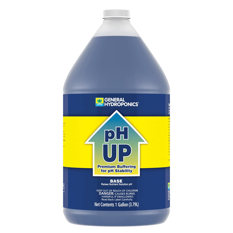 General Hydroponics pH Up bottle front view for easy pH control.
