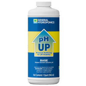 General Hydroponics pH Up bottle, clear label, easy pH stabilization.