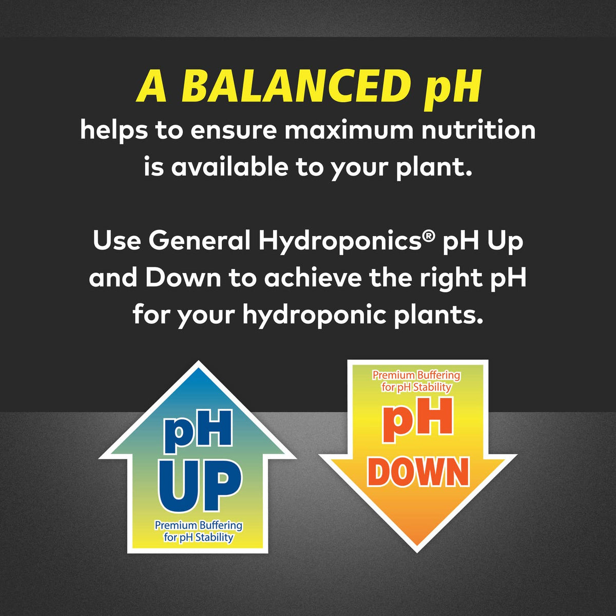 General Hydroponics pH Up label details list ingredients and usage.