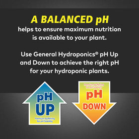 General Hydroponics pH Up label details list ingredients and usage.