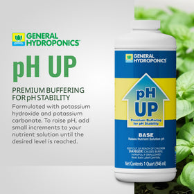 General Hydroponics pH Up pour demonstrates precise dosing for pH adjustment.