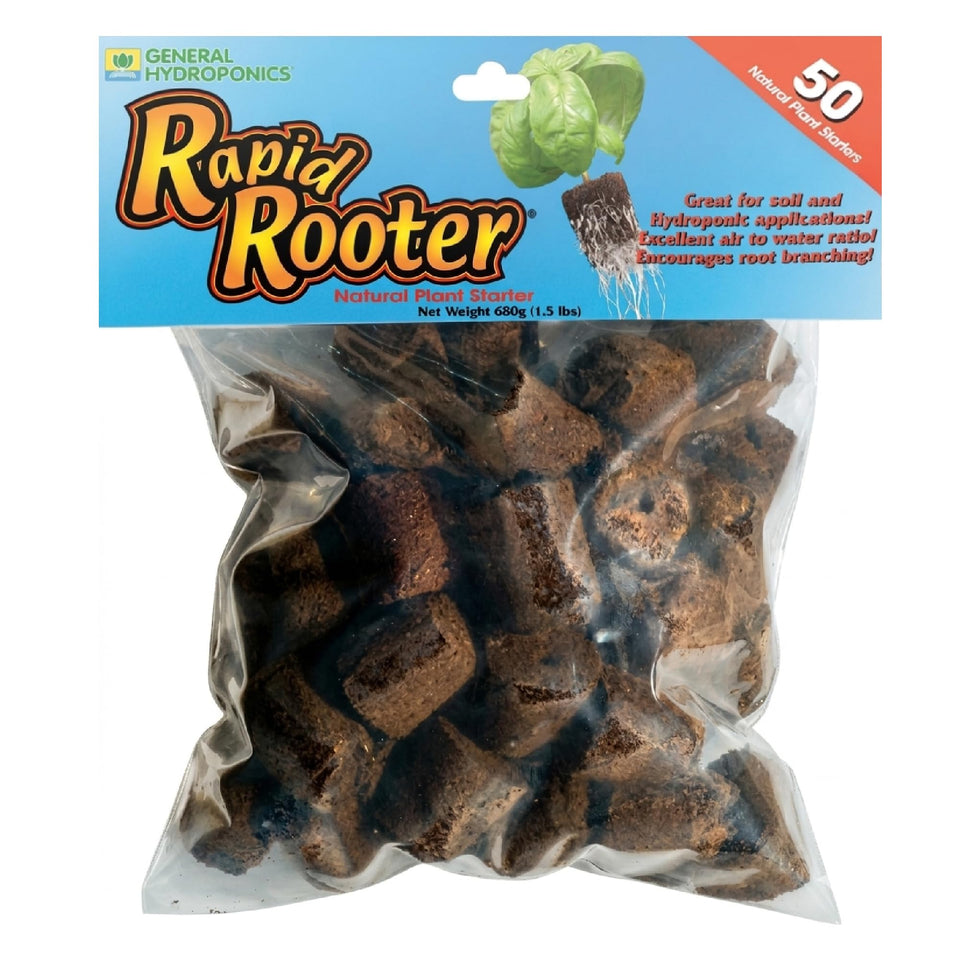 General Hydroponics Rapid Rooter plug close-up showing fortified rooting medium.