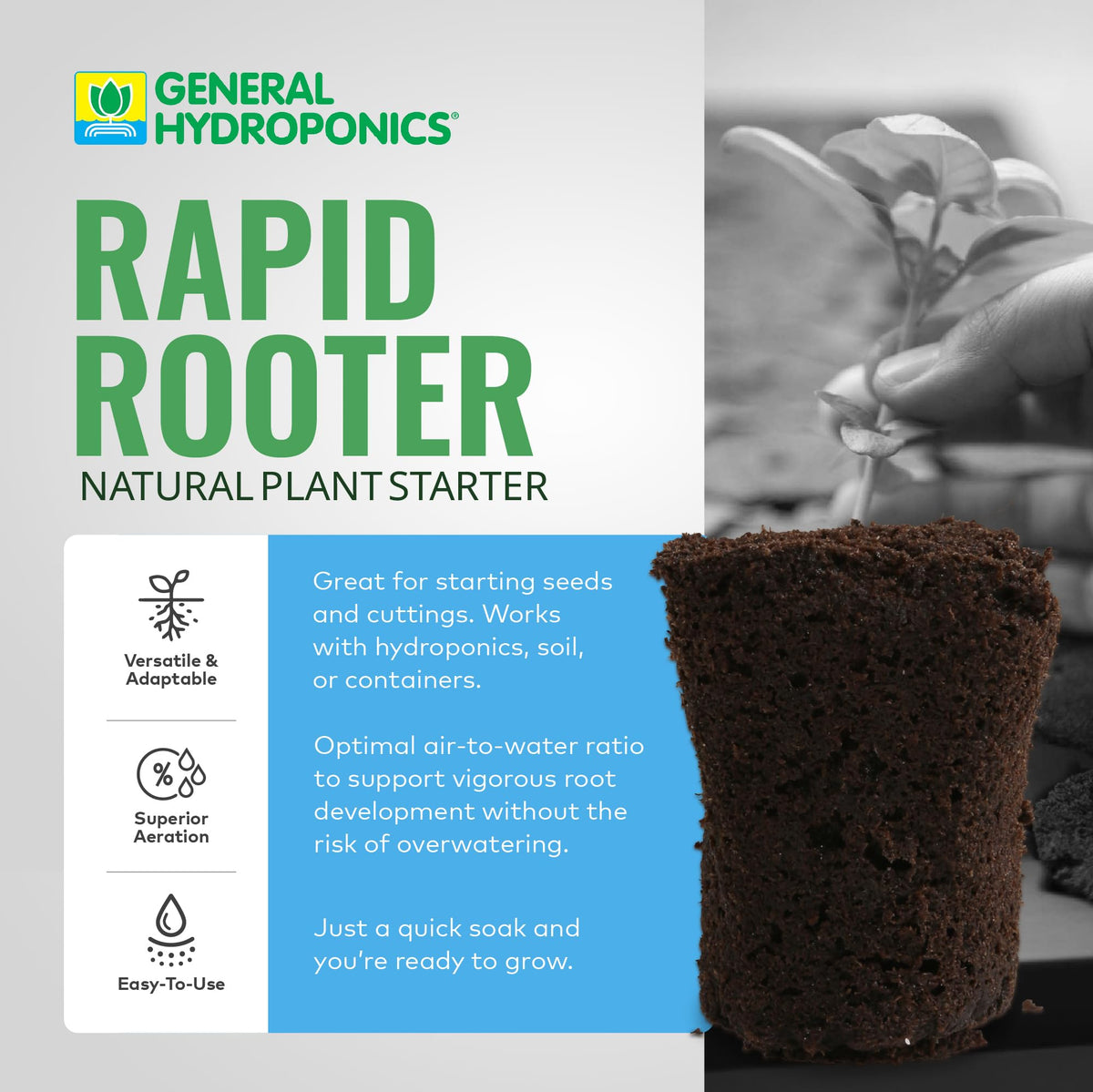 General Hydroponics Rapid Rooter plug packaging highlights 50-count bag.