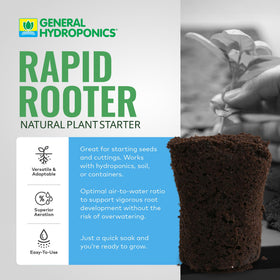 General Hydroponics Rapid Rooter plug packaging highlights 50-count bag.