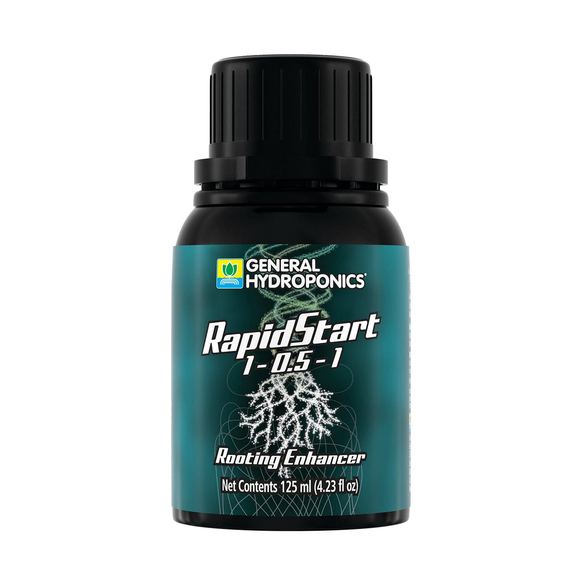 General Hydroponics RapidStart bottle on shelf for root support and growth.