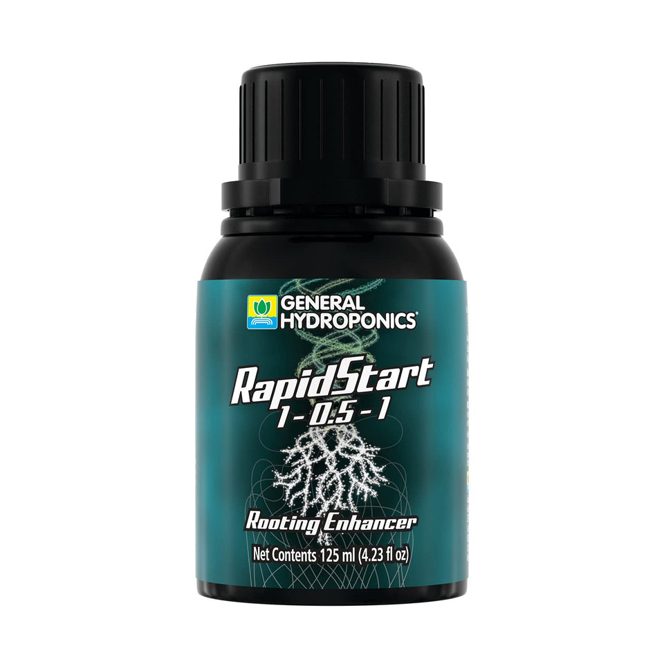 General Hydroponics RapidStart bottle on shelf for root support and growth.