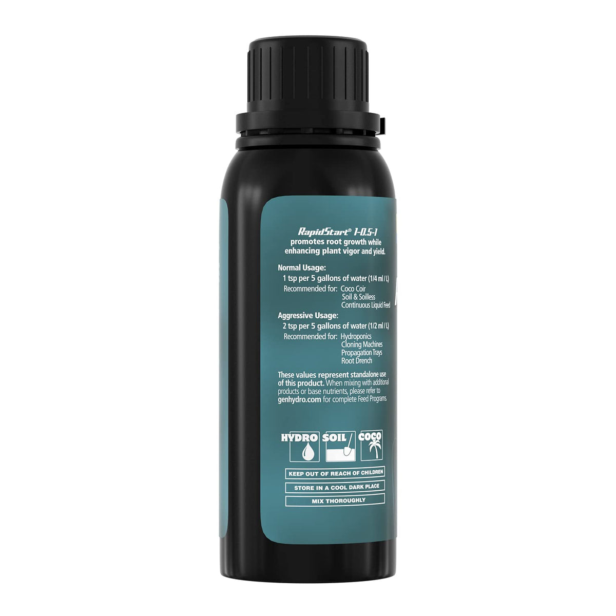 General Hydroponics RapidStart root-branching close-up aids nutrient uptake.