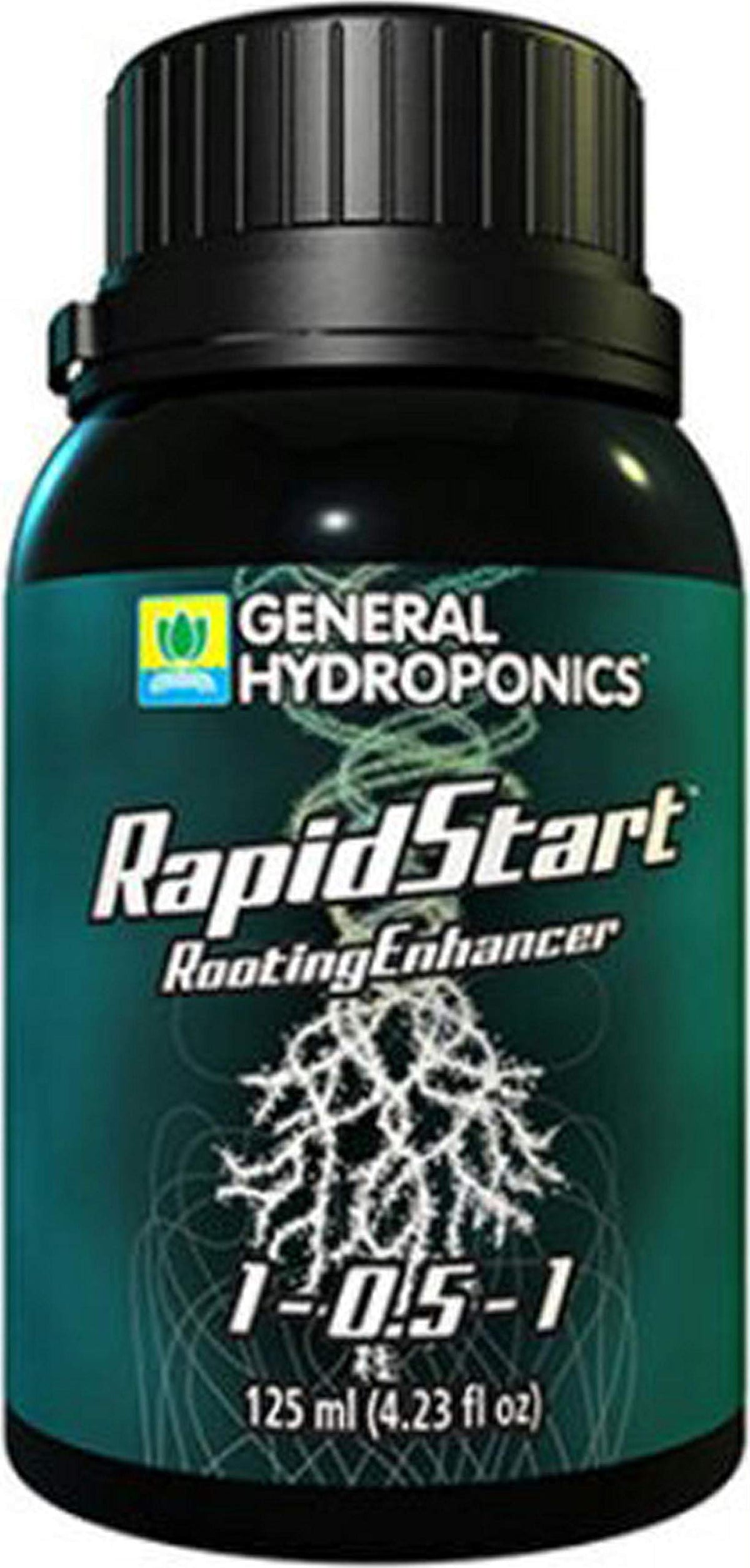 General Hydroponics RapidStart bottle shown, promoting early root development for healthier transplants.