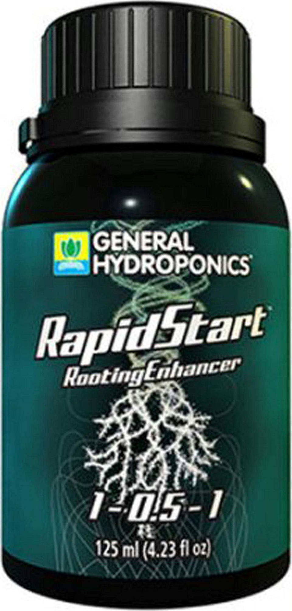 General Hydroponics RapidStart bottle shown, promoting early root development for healthier transplants.