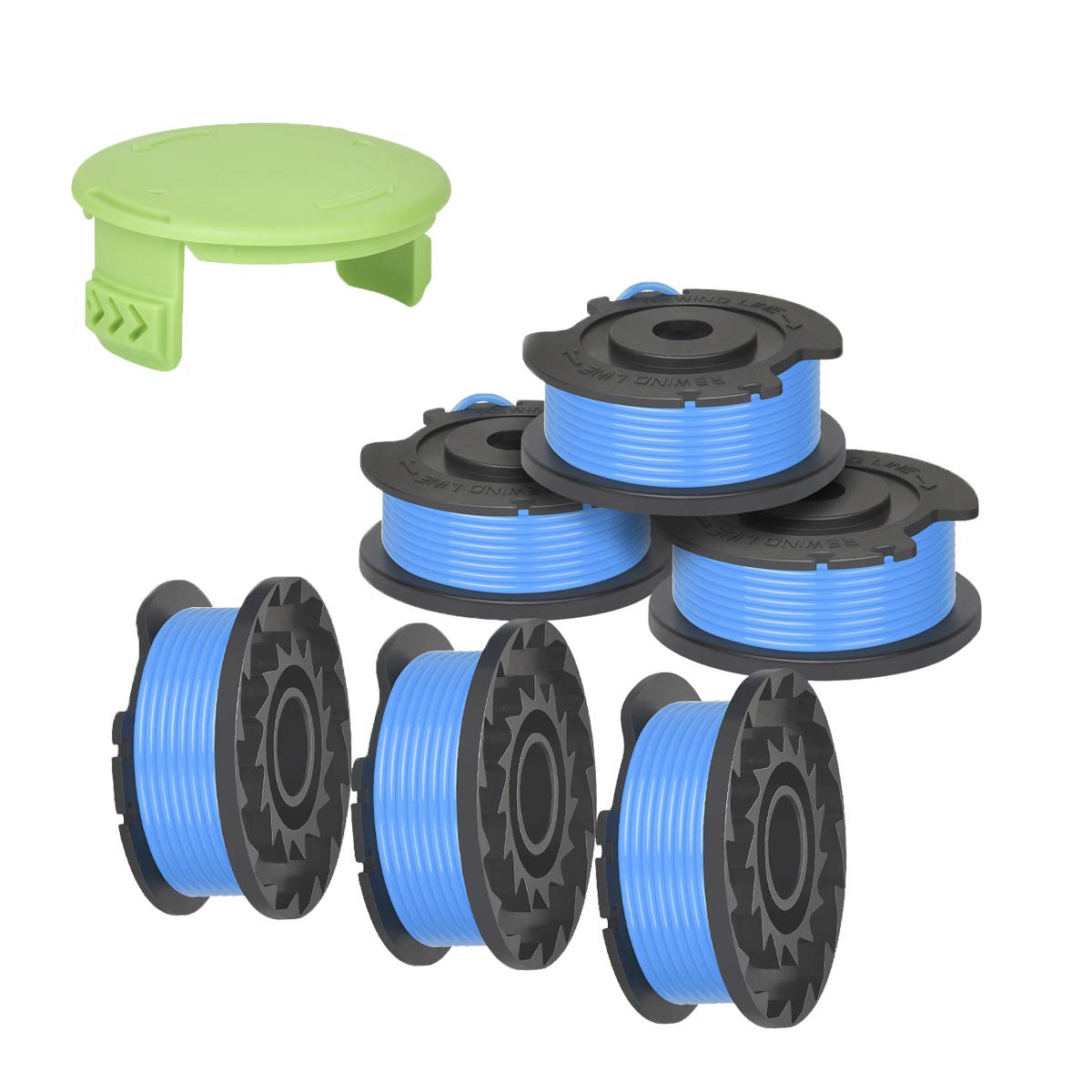Generep six pack of string trimmer spools with cap for easy replacement and steady performance