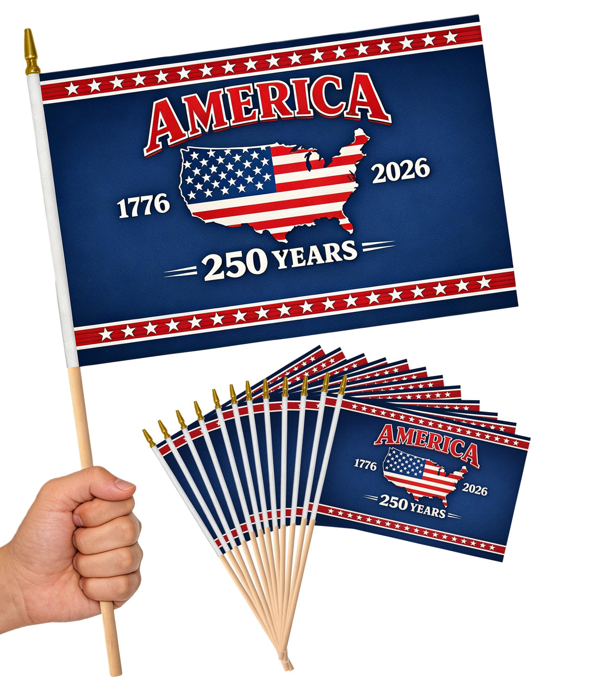 Generic 12-pack small American flags on sticks for easy parade waving