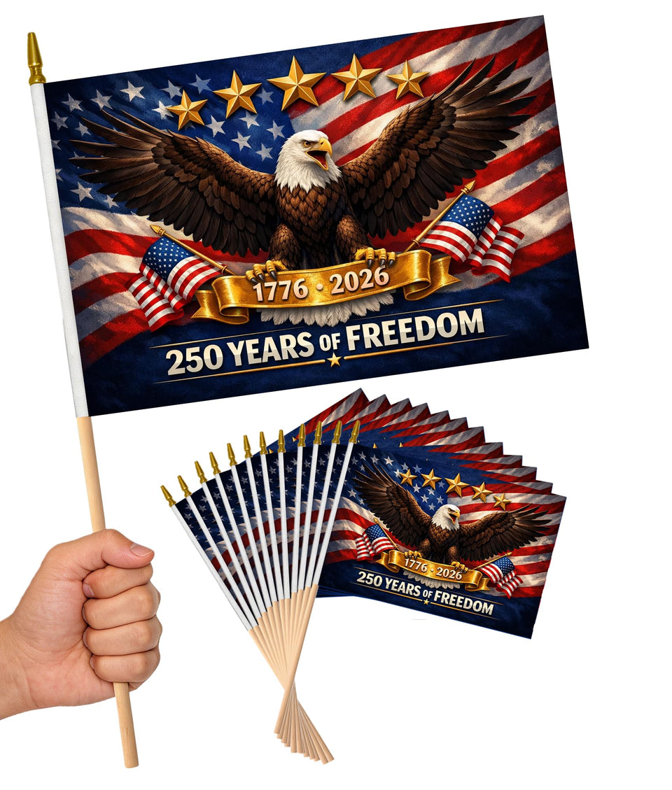 Generic 12-pack small American flags on sticks for easy parade waving.