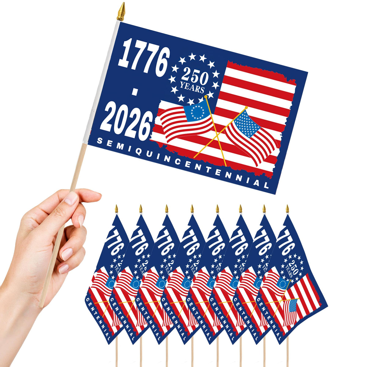 Generic 12pc 250th anniversary flag 5x8 inches waving in a parade.