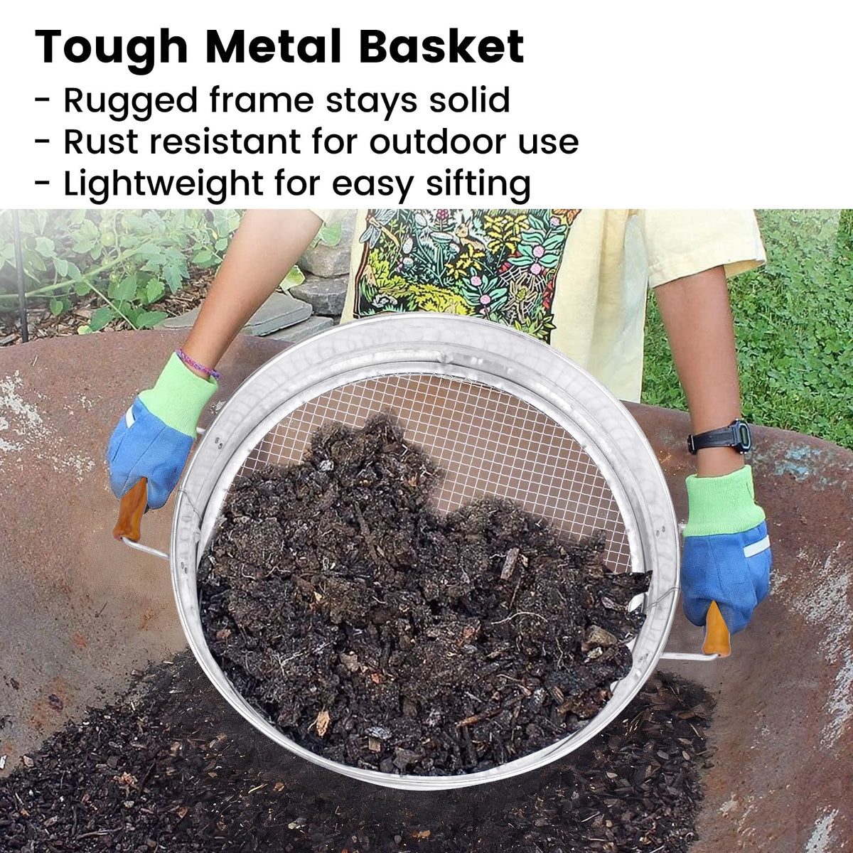 Generic 14-inch garden sieve shows secure locking design for stable use.