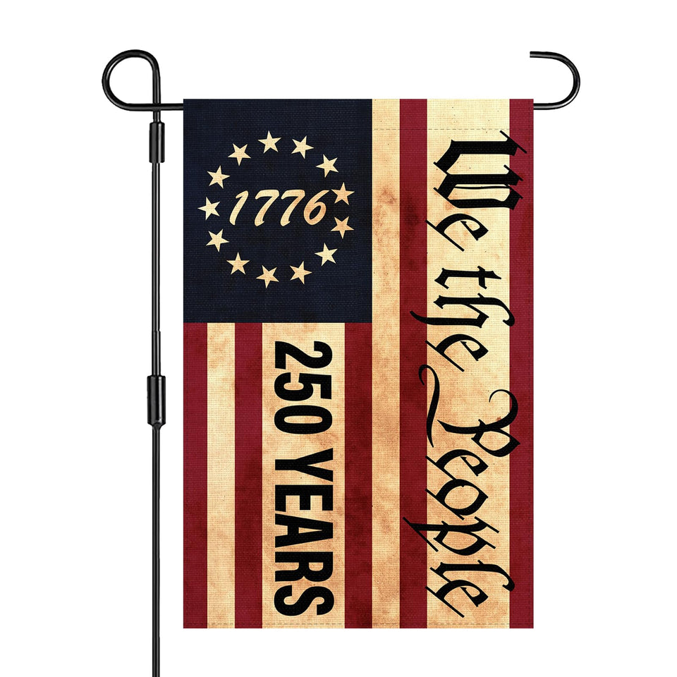 Generic 1776 America flag, front view on burlap, ideal for outdoor patriotic display.
