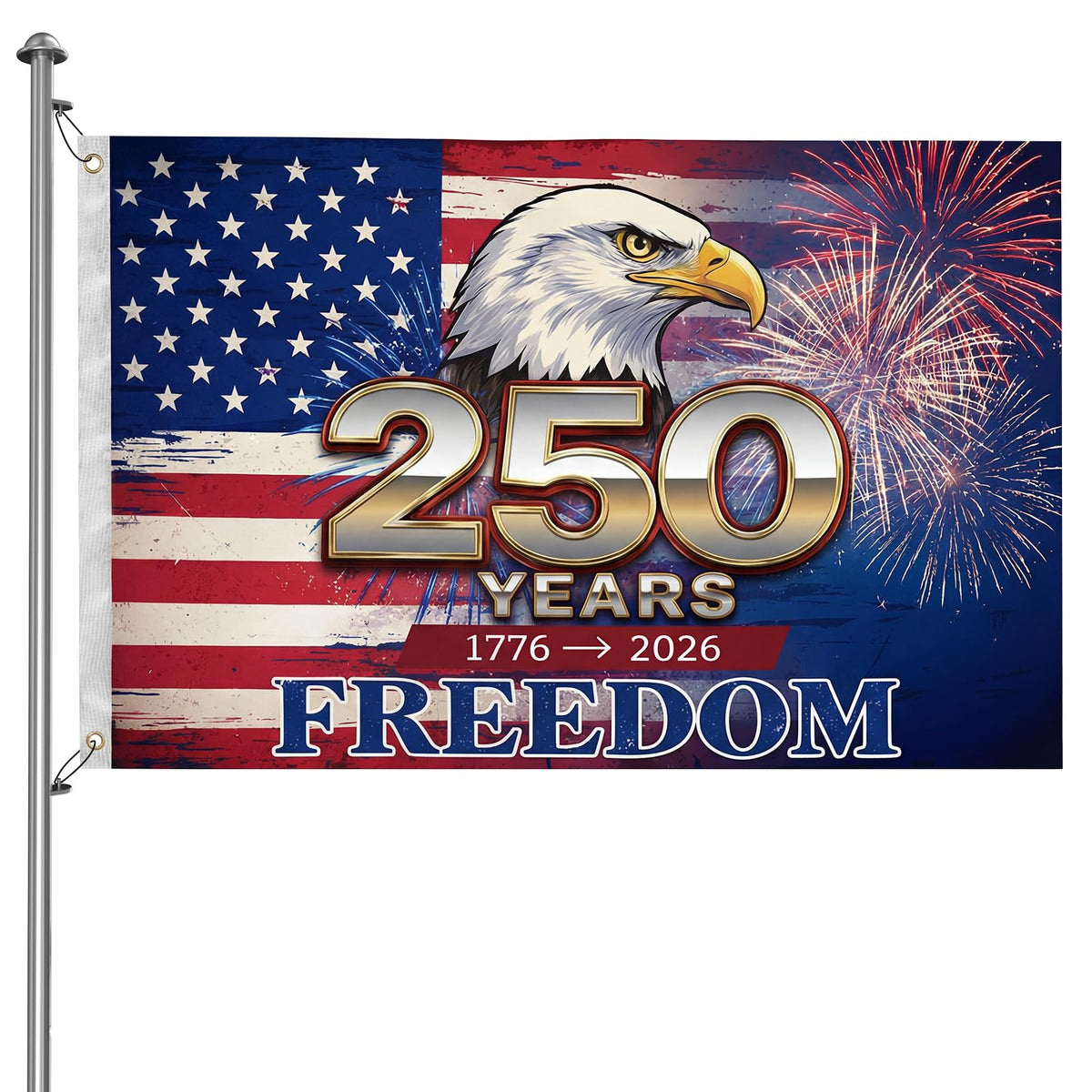 Generic 250th Anniversary Flag front view with bold FREEDOM design for patriotic display.